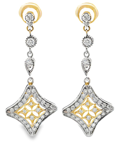 14k Yellow and White Gold Two Tone Diamond Shape Drop Earrings with 0.75 Carats Diamonds