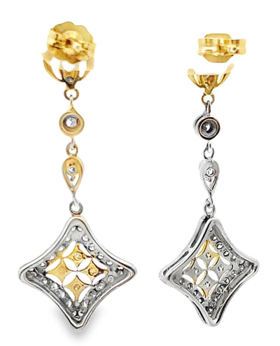 14k Yellow and White Gold Two Tone Diamond Shape Drop Earrings with 0.75 Carats Diamonds