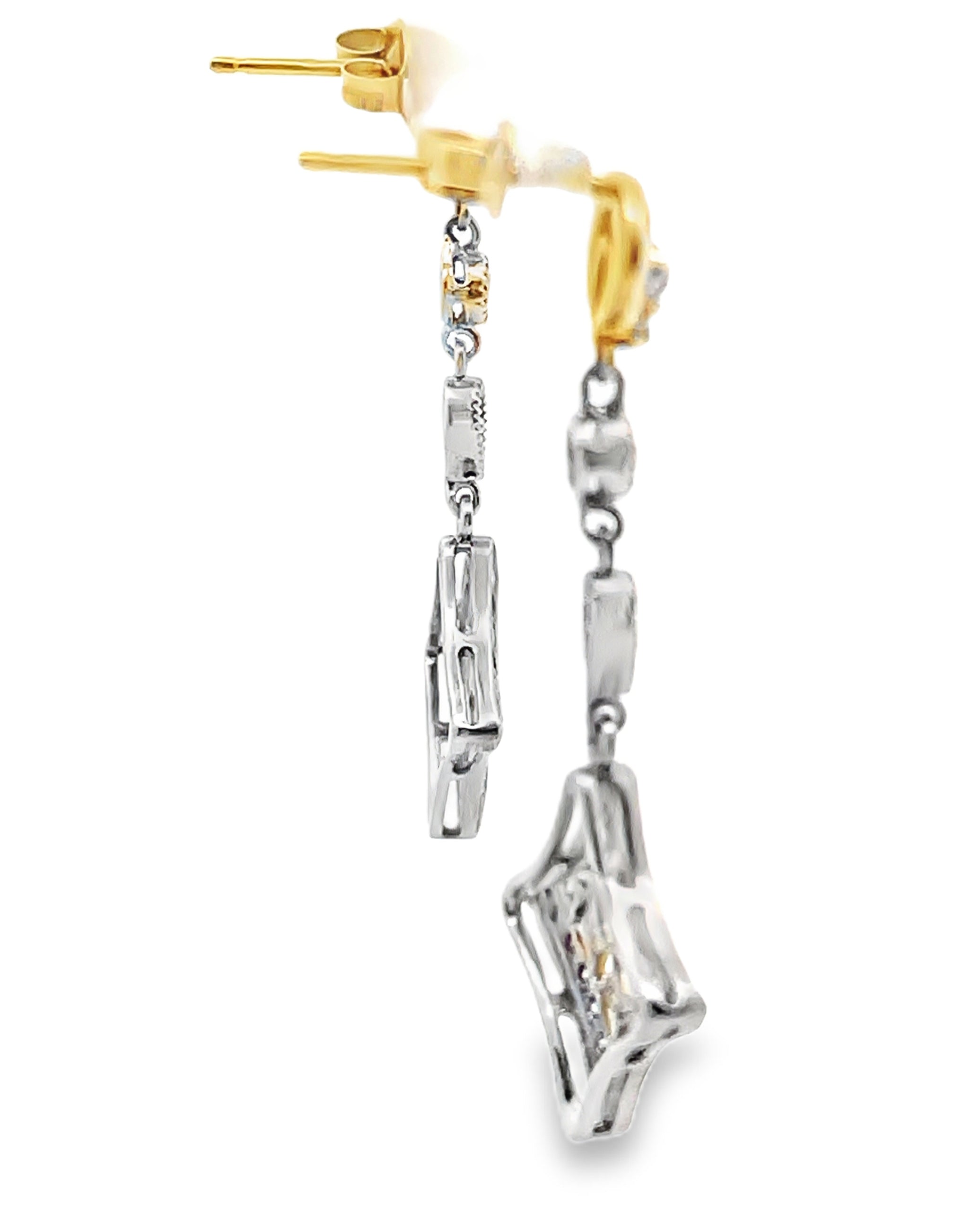 14k Yellow and White Gold Two Tone Diamond Shape Drop Earrings with 0.75 Carats Diamonds