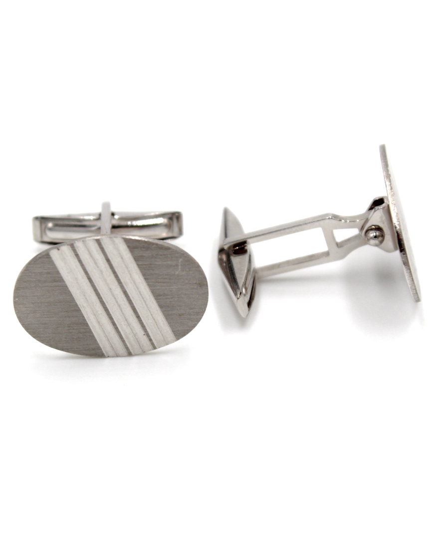 Oval Cufflinks with Stripes in 14K White Gold