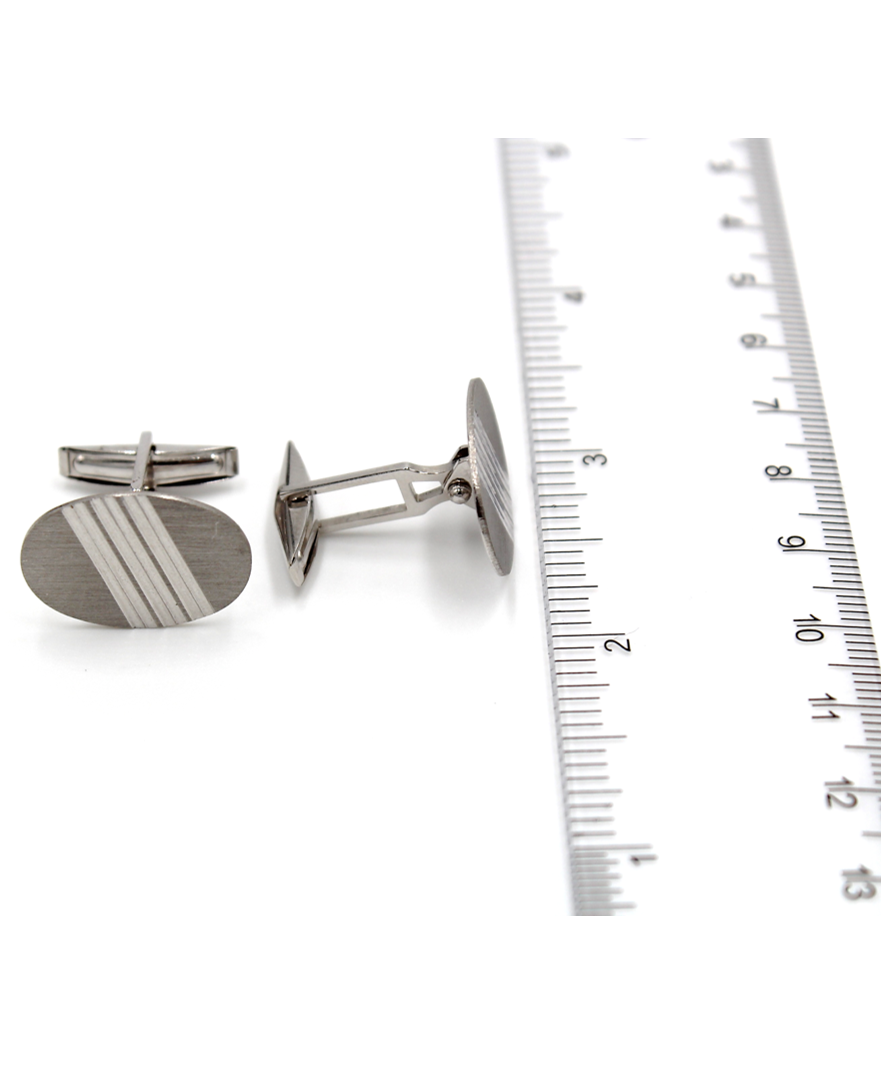 Oval Cufflinks with Stripes and Hinged Back in 14K White Gold