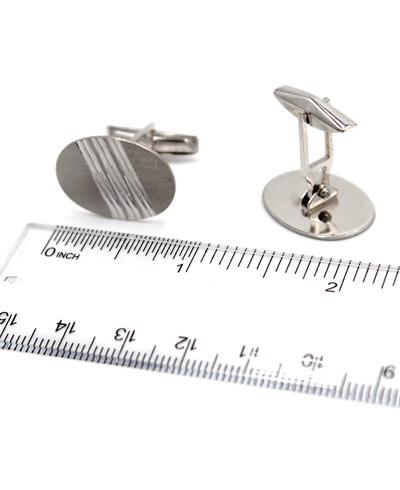 Oval Cufflinks with Stripes and Hinged Back in 14K White Gold