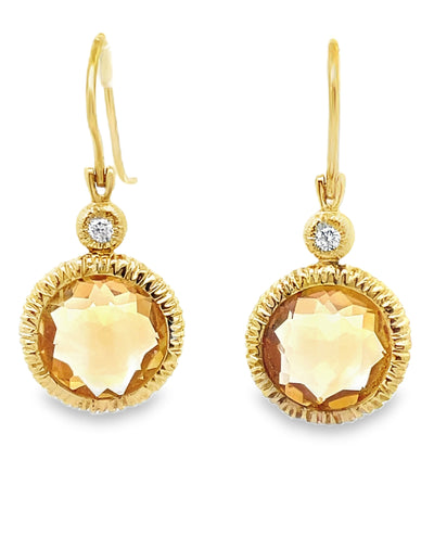 14K Yellow Gold Round Citrine and Diamond Drop Earrings