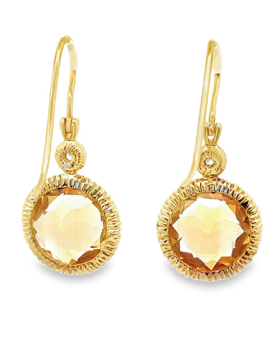14K Yellow Gold Round Citrine and Diamond Drop Earrings