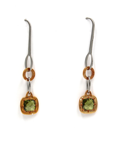 Rebecca Gioielli "Tropezienne" Pink Drop Dangling Earrings in Bronze with Green Stones and 18k Rose Gold Overlay
