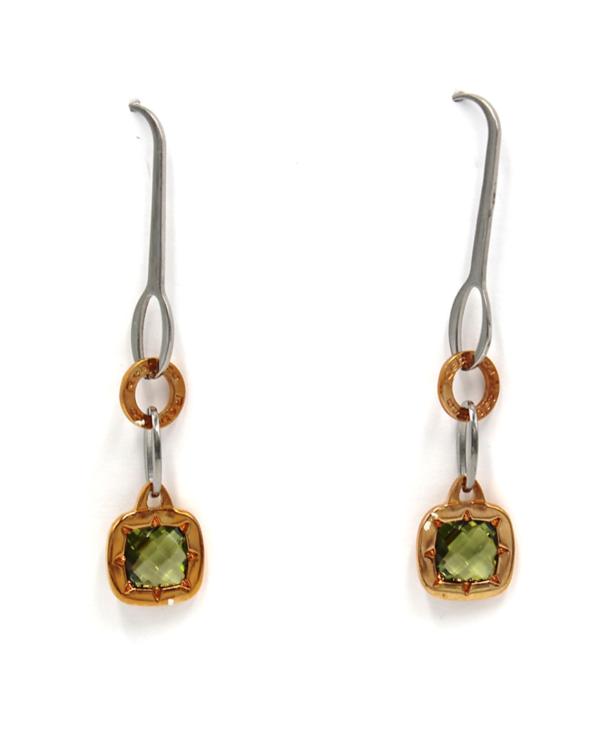 Rebecca Gioielli "Tropezienne" Pink Drop Dangling Earrings in Bronze with Green Stones and 18k Rose Gold Overlay
