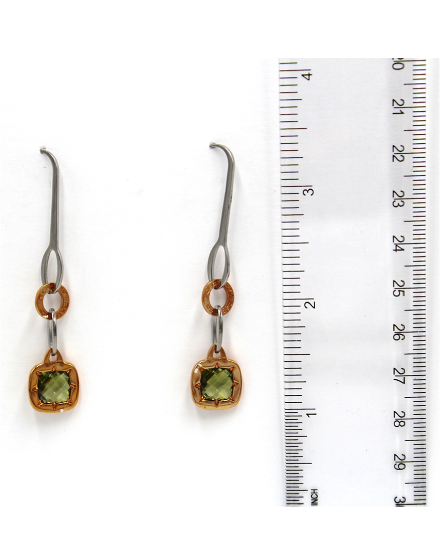 Rebecca Gioielli "Tropezienne" Pink Drop Dangling Earrings in Bronze with Green Stones and 18k Rose Gold Overlay