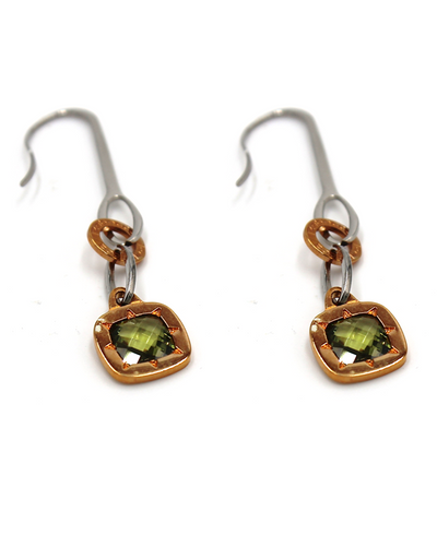 Rebecca Gioielli "Tropezienne" Pink Drop Dangling Earrings in Bronze with Green Stones and 18k Rose Gold Overlay