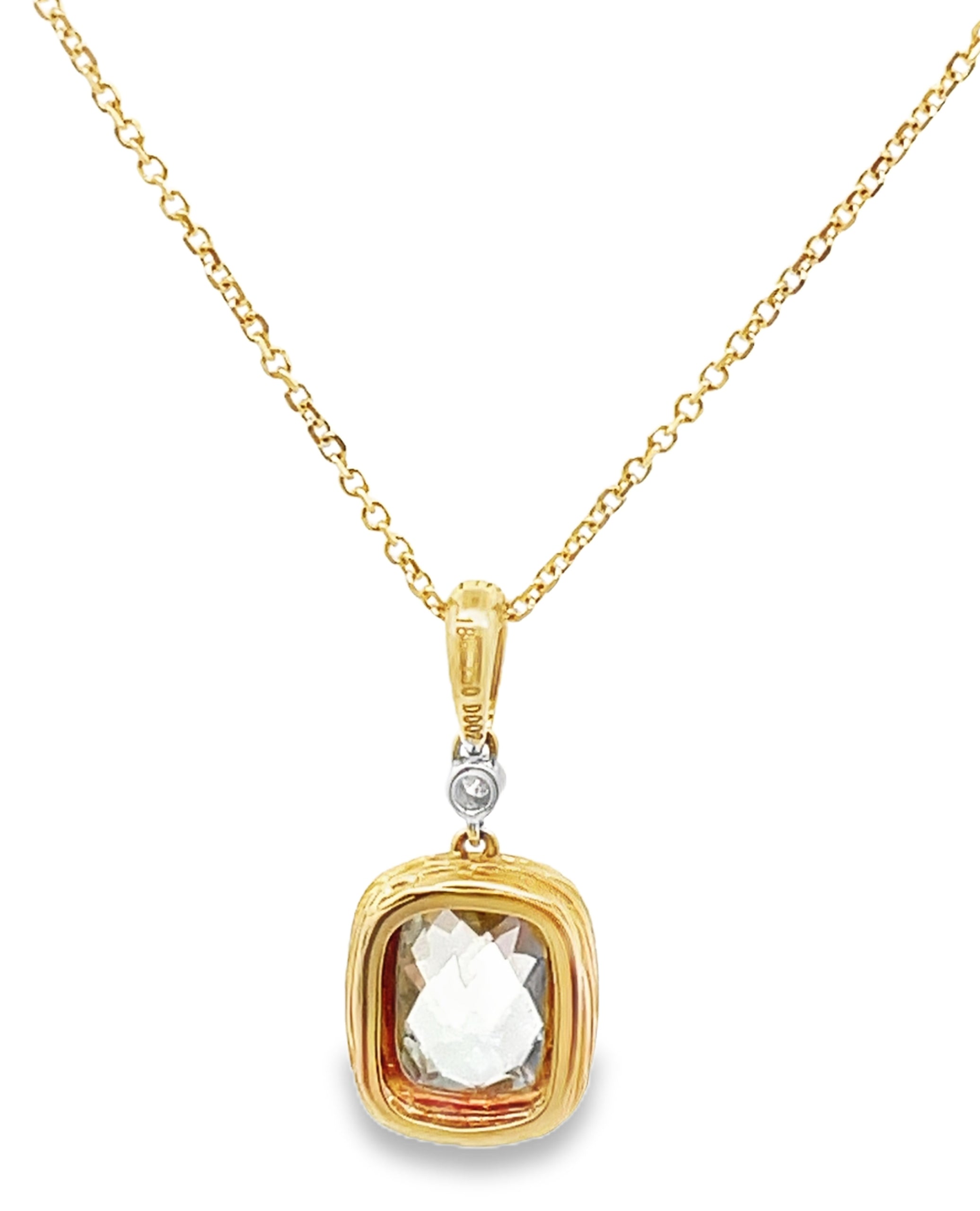 18K Yellow Gold 1.72 Carat Green Amethyst Pendant Necklace with One Round Diamond