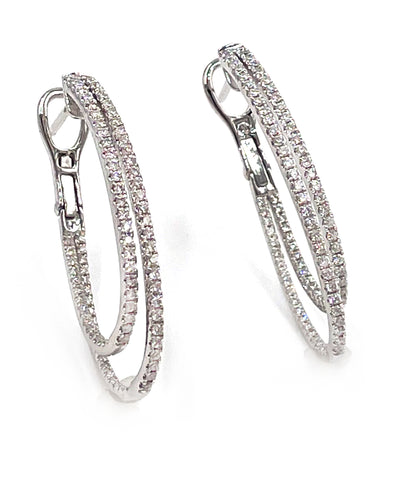 14K White Gold Double Hoop Diamond Drop Earrings