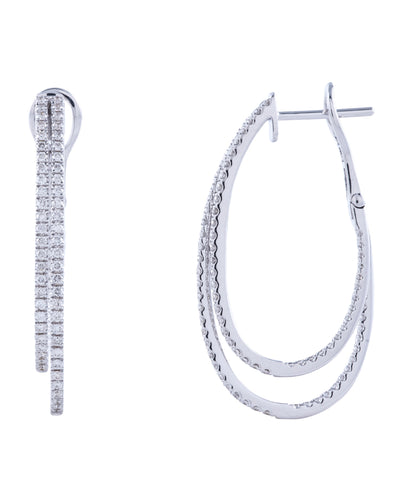 14K White Gold Double Hoop Diamond Drop Earrings