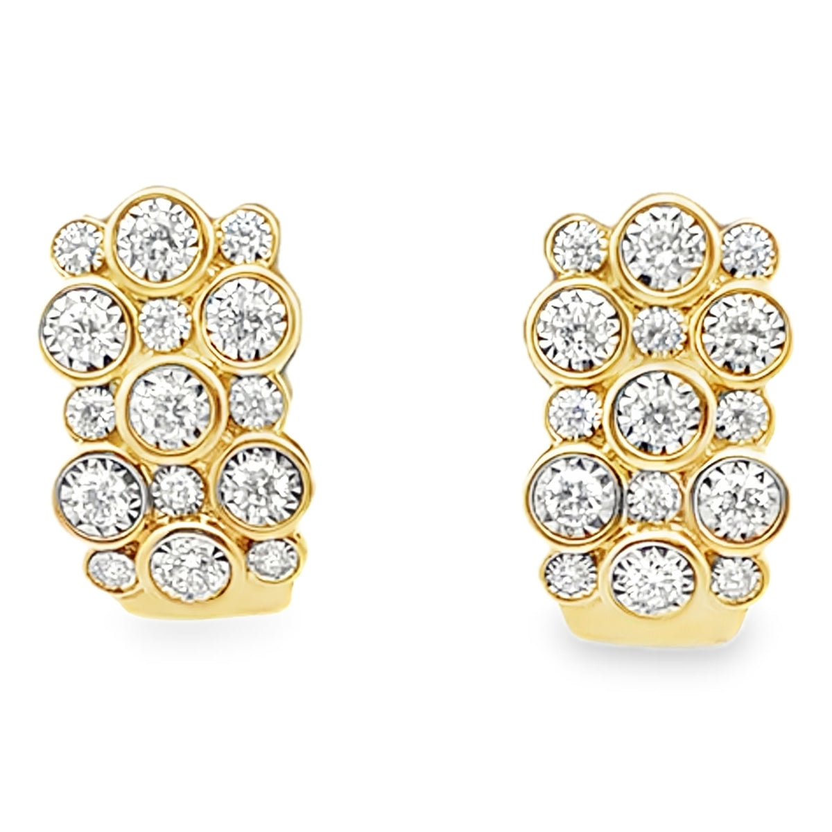 14K Yellow Gold Post Earrings With Pushback Closures With Round Diamonds Totaling 0.56 Carats, Small And Large Staggered Alternating Arrangement