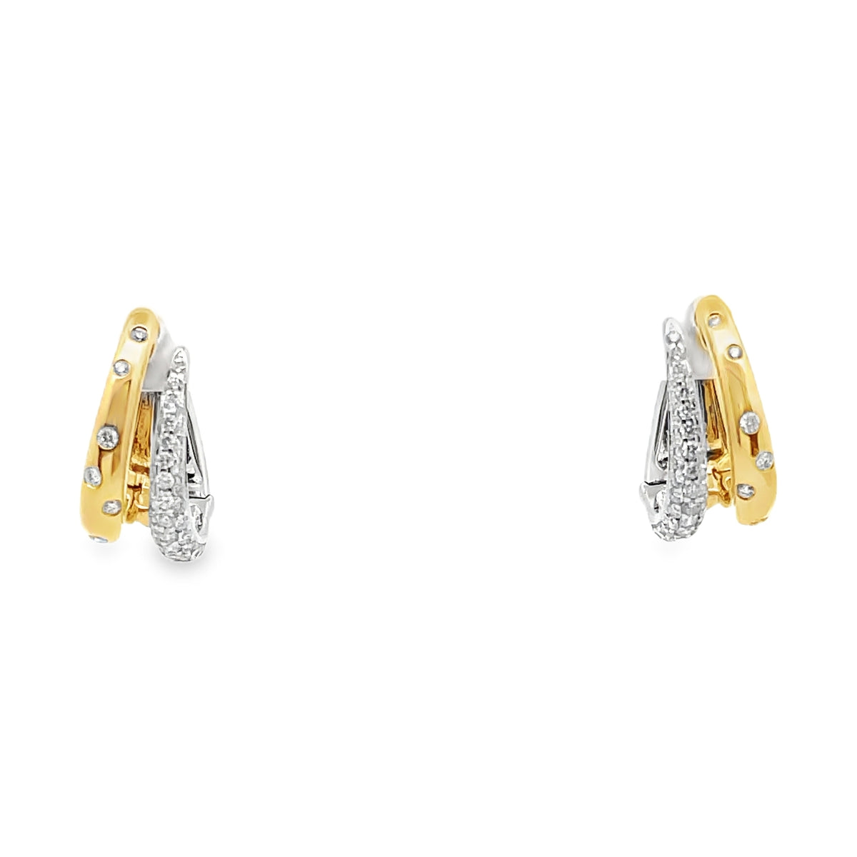 14K Yellow And White Two-Tone Gold Double Hoop Earrings With Round Diamonds Totaling 0.52 Carats, Hinged Snap Back Closures