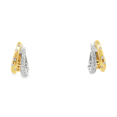 14K Yellow And White Two-Tone Gold Double Hoop Earrings With Round Diamonds Totaling 0.52 Carats, Hinged Snap Back Closures