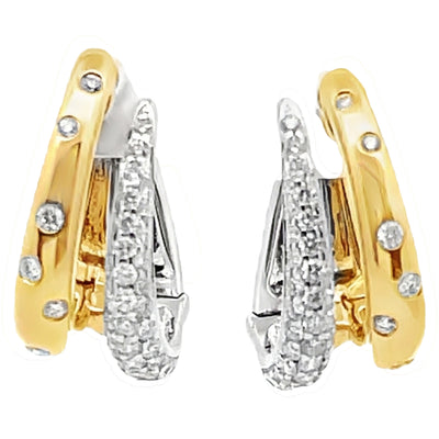 14K Yellow And White Two-Tone Gold Double Hoop Earrings With Round Diamonds Totaling 0.52 Carats, Hinged Snap Back Closures
