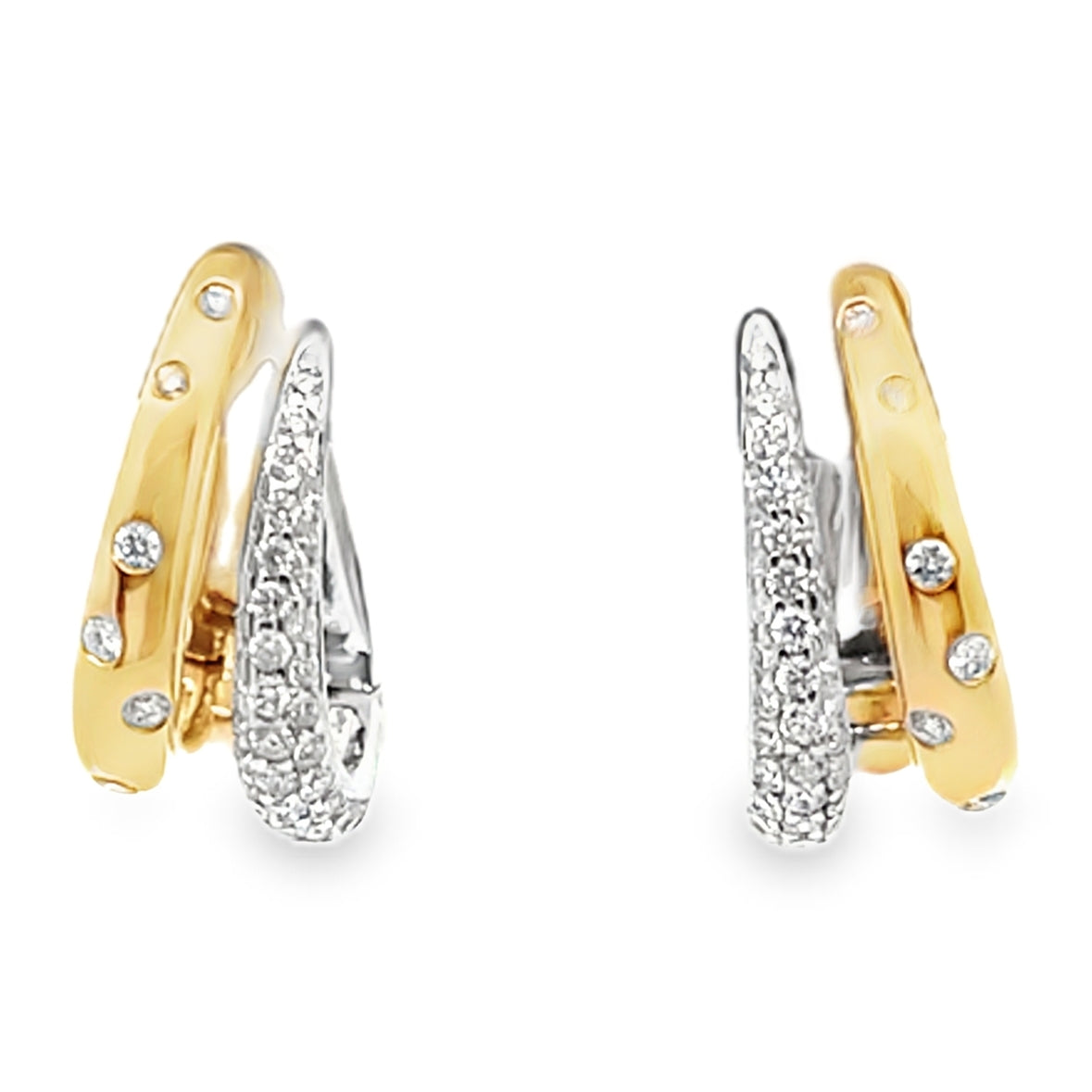14K Yellow And White Two-Tone Gold Double Hoop Earrings With Round Diamonds Totaling 0.52 Carats, Hinged Snap Back Closures
