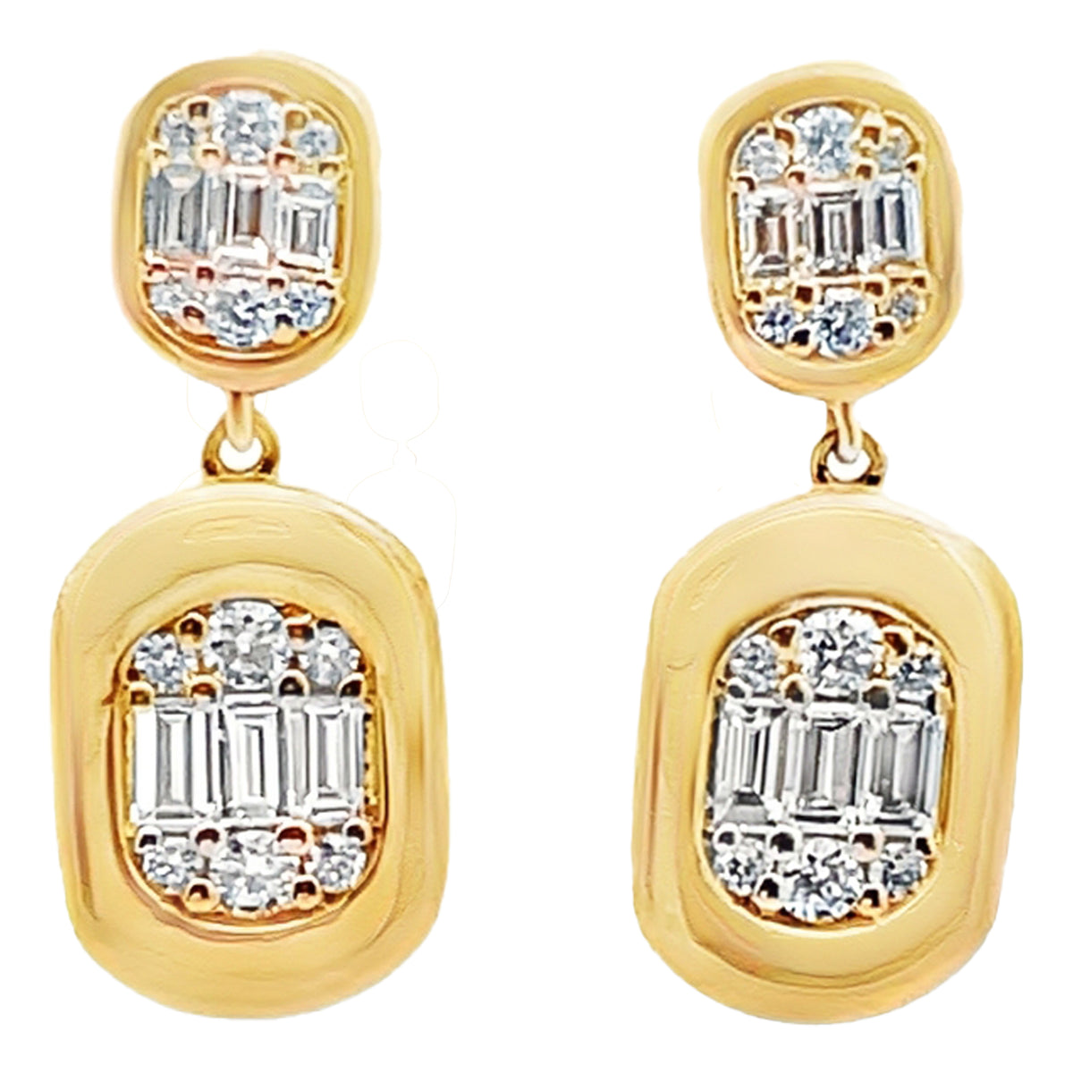 14K Yellow Gold Drop Earrings With Posts, Pushback Closures, Round Diamonds Totaling 0.25 Carats And Baguette Diamonds Totaling 0.40 Carats