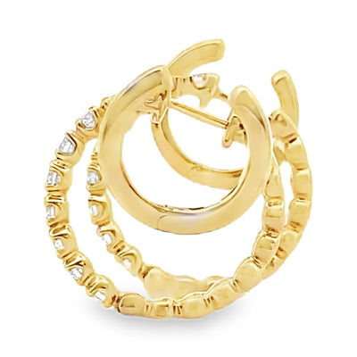 14K Yellow Gold Double Hoop Earrings With Hinged Snap Back Closures And Round Diamonds Totaling 0.39 Carats
