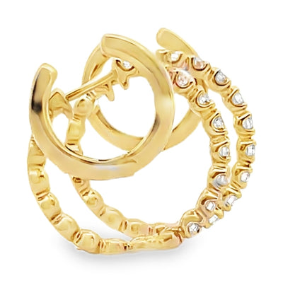 14K Yellow Gold Double Hoop Earrings With Hinged Snap Back Closures And Round Diamonds Totaling 0.39 Carats