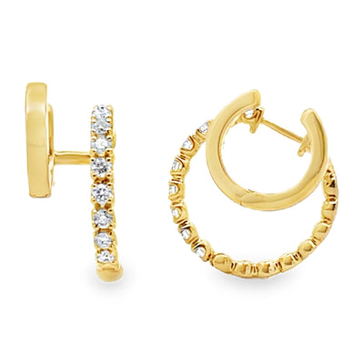 14K Yellow Gold Double Hoop Earrings With Hinged Snap Back Closures And Round Diamonds Totaling 0.39 Carats