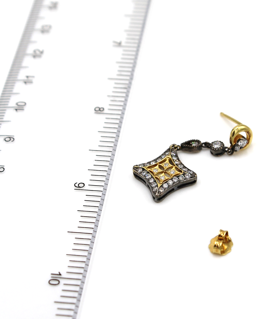 14k Yellow and White Gold Two Tone Diamond Shape Drop Earrings with 0.75 Carats Diamonds