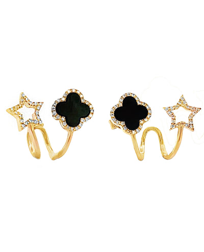 Black Onyx Quatrefoil Earrings in 14K Yellow Gold with Openwork Star, Halo Diamonds and Pushbacks