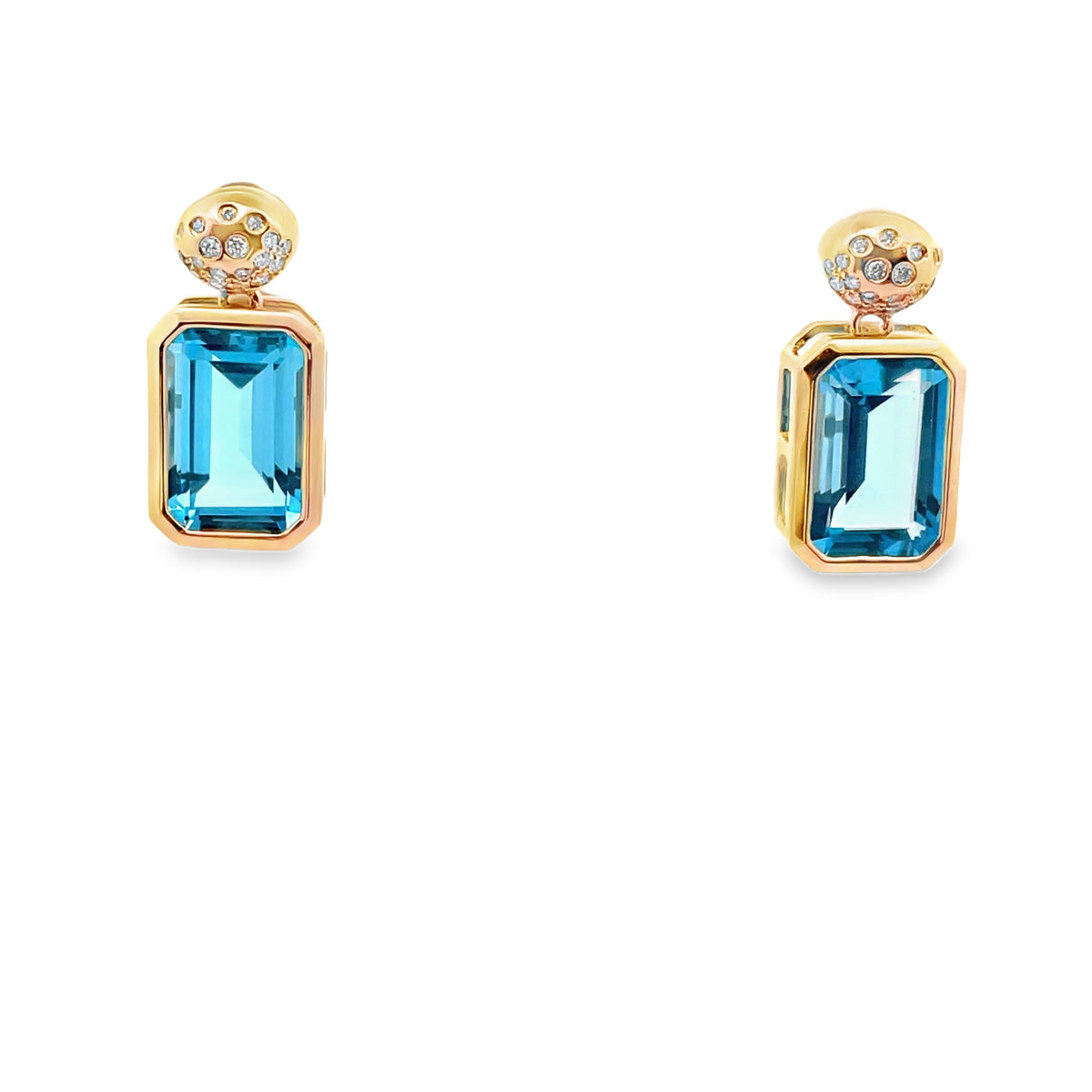 14K Yellow Gold Rectangular Earrings With Two Blue Topazes Totaling 9.84 Carats And Round Diamonds Totaling 0.22 Carats