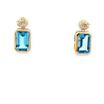 14K Yellow Gold Rectangular Earrings With Two Blue Topazes Totaling 9.84 Carats And Round Diamonds Totaling 0.22 Carats