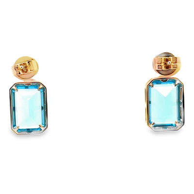 14K Yellow Gold Rectangular Earrings With Two Blue Topazes Totaling 9.84 Carats And Round Diamonds Totaling 0.22 Carats