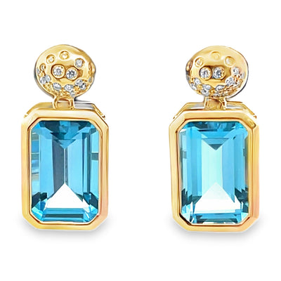 14K Yellow Gold Rectangular Earrings With Two Blue Topazes Totaling 9.84 Carats And Round Diamonds Totaling 0.22 Carats