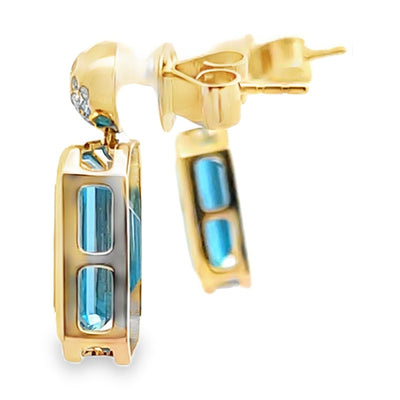 14K Yellow Gold Rectangular Earrings With Two Blue Topazes Totaling 9.84 Carats And Round Diamonds Totaling 0.22 Carats