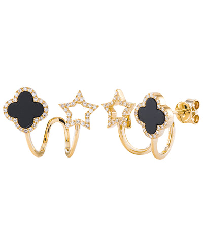 Black Onyx Quatrefoil Earrings in 14K Yellow Gold with Openwork Star, Halo Diamonds and Pushbacks