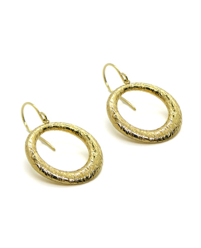 14K Yellow Gold Textured Circle Earrings with French Hooks