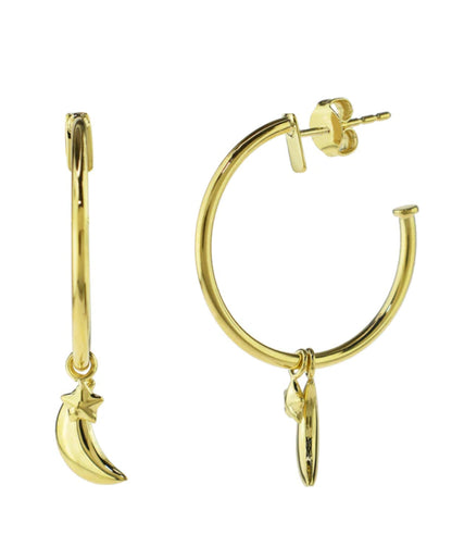 14K Yellow Gold Hoop Moon and Star Earrings