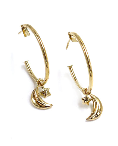 14K Yellow Gold Hoop Moon and Star Earrings