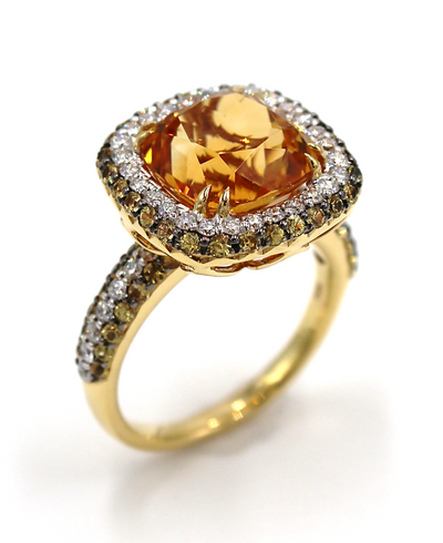 Cushion Shape Citrine Ring with Diamonds & Yellow Sapphires in 18K Gold
