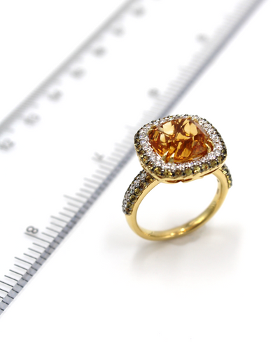 Cushion Shape Citrine Ring with Diamonds & Yellow Sapphires in 18K Gold