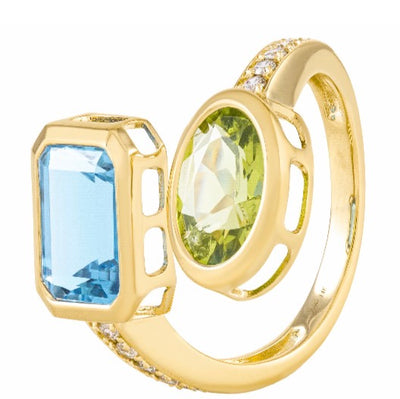 14K Yellow Gold Bypass Ring With Diamonds Totaling 0.23 Carats, One Blue Topaz 2.64 Carats, One Oval Peridot 1.73 Carats