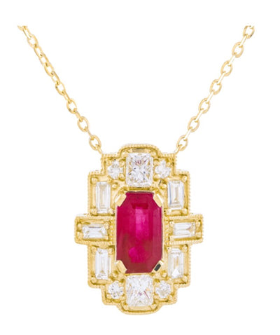 14K Yellow Gold Necklace with Oval Ruby 0.73 Carats, Diamonds Totaling 0.38 Carats, Adjustable Length