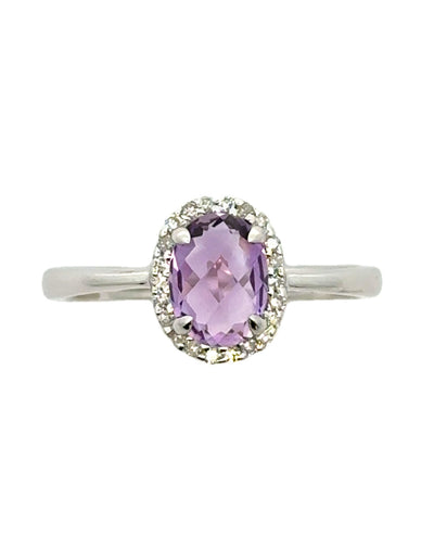 Oval Amethyst Ring with Round Diamonds in 18K White Gold Modern Setting