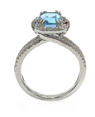 Vanna K 18RO51811DCZ Diamond Ring with One Emerald Cut 8X6 Millimeter Swiss Blue Topaz