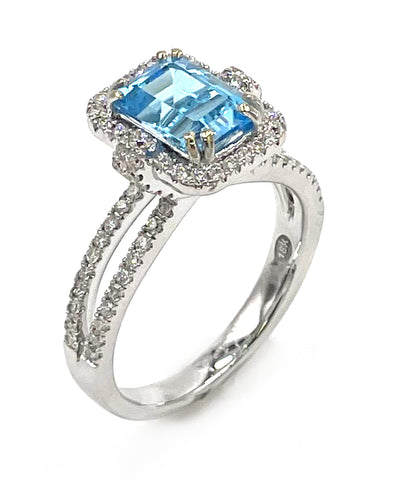 Vanna K 18RO51811DCZ Diamond Ring with One Emerald Cut 8X6 Millimeter Swiss Blue Topaz