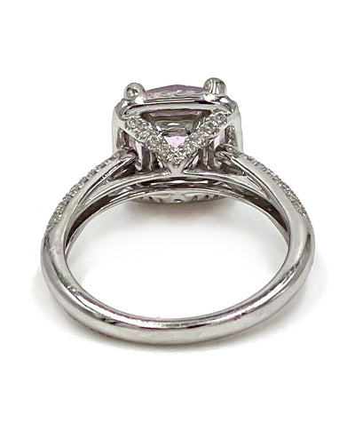 Vanna K 18K White Gold Diamond Halo Ring with Center Cushion Shaped Kunzite