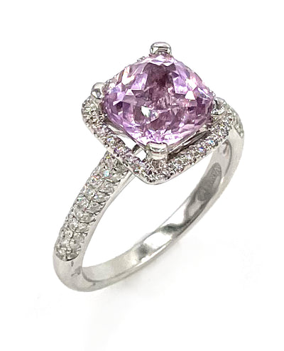 Vanna K 18K White Gold Diamond Halo Ring with Center Cushion Shaped Kunzite