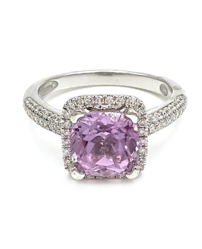 Vanna K 18K White Gold Diamond Halo Ring with Center Cushion Shaped Kunzite