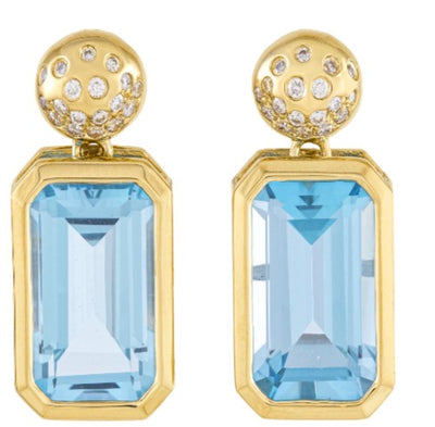 14K Yellow Gold Rectangular Earrings With Two Blue Topazes Totaling 9.84 Carats And Round Diamonds Totaling 0.22 Carats