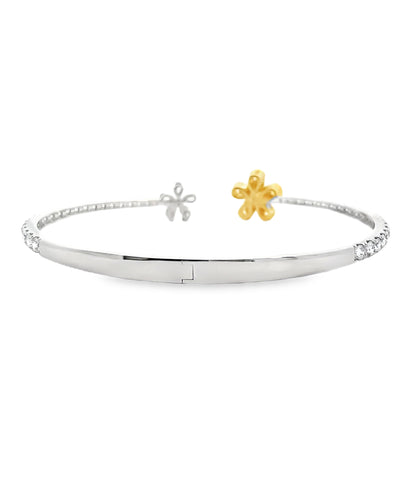 18K White Gold Yellow & White Diamond Double Flower Hinged Cuff Bangle Bracelet