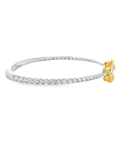 18K White Gold Yellow & White Diamond Double Flower Hinged Cuff Bangle Bracelet
