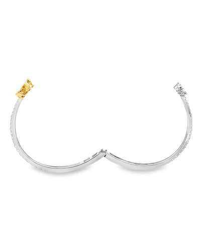 18K White Gold Yellow & White Diamond Double Flower Hinged Cuff Bangle Bracelet