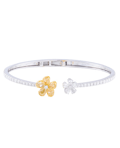 18K White Gold Yellow & White Diamond Double Flower Hinged Cuff Bangle Bracelet
